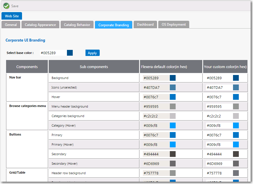 Settings &gt; Web Site &gt; Corporate Branding Tab