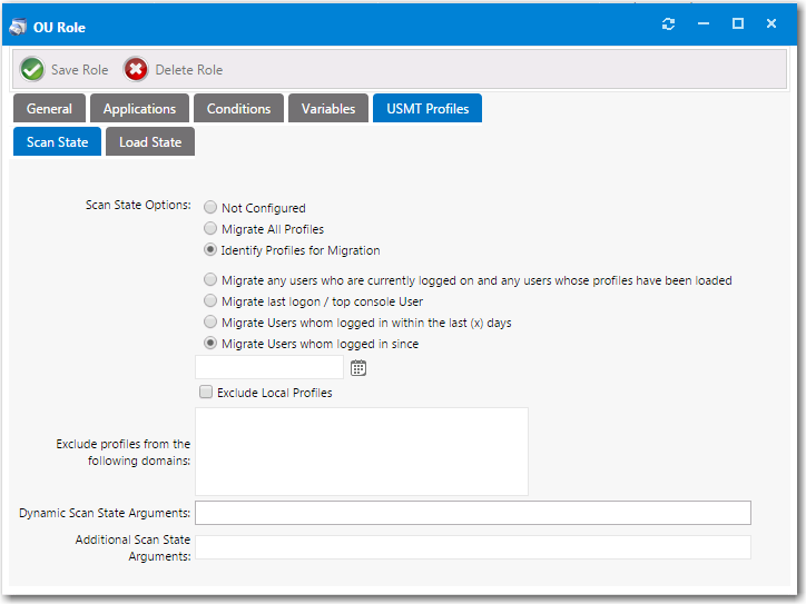 Role Properties Dialog Box / USMT Profiles / Scan State / Identify Profiles for Migration