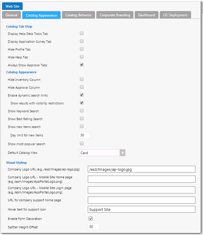 Settings &gt; Web Site View / Catalog Appearance Tab