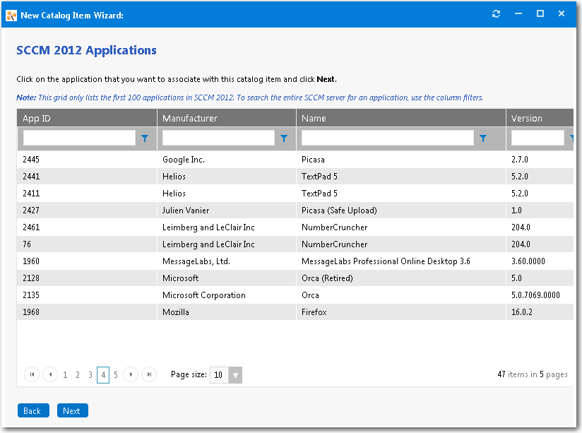 SCCM 2012 Applications panel